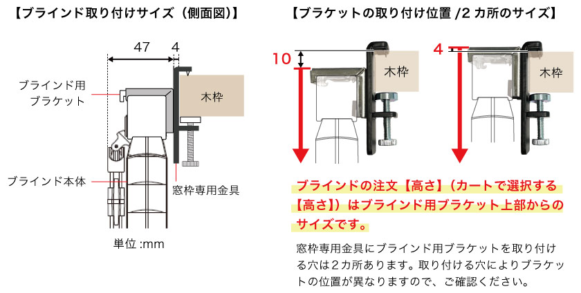 窓枠専用金具と、ブラインド本体を取り付けた際のサイズです。ブラインド取り付け用のブラケットはを窓枠専用金具に取り付ける際は、取り付けの穴の位置により高さが異なります。カートで選ぶ製作高さはブラケット上部からのサイズです。