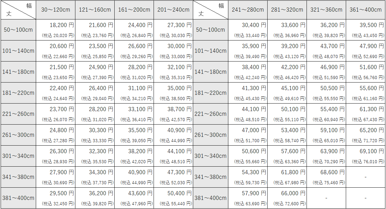 バーチカルブラインド、コード&バトン操作の価格表