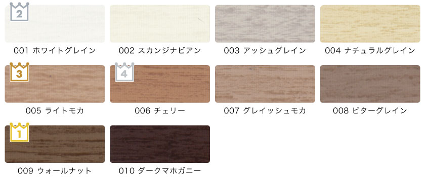 人気の木目調アルミブラインドの色味本。ツヤ無しのマットな仕上がりで全10色です。