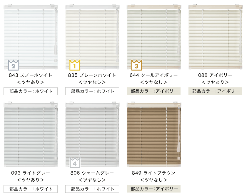 資材を統一して、安くするのに成功した格安遮熱アルミブラインドのカラーラインナップです。全13色。人気カラーは、1位プレーンホワイト、2位スノーホワイト、3位クールアイボリー、4位ウォームグレーです。
