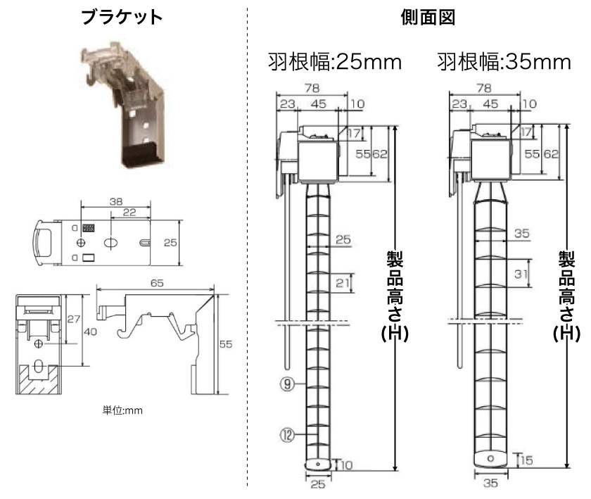 大型窓用ブラインド（羽根幅25mm、35mm）のブラケットサイズと製品サイズ