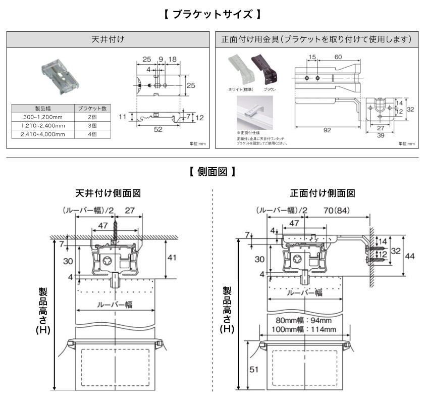 バーチカルブラインド取り付けブラケットサイズとバーチカルブラインド側面図サイズ