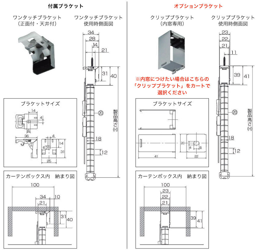 ブラケットサイズとブラインド側面サイズ