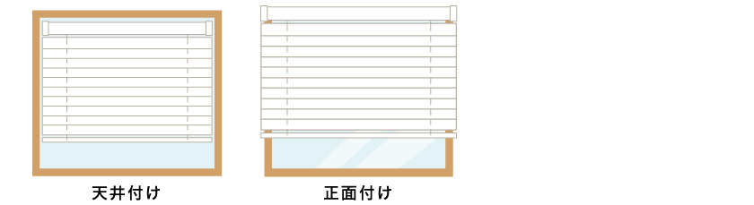 木製ブラインド(ウッドブラインド)取付け方2種類の説明です。天井付け・正面付け