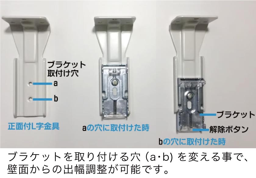 ポイント　ブラケットを取り付ける穴の場所を変える事により壁面からの出幅調整が出来ます