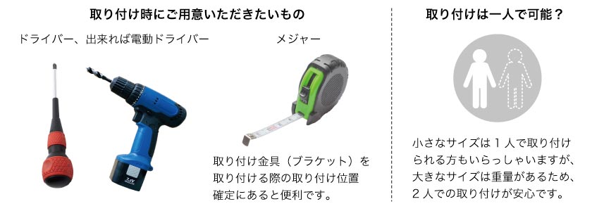 ウッドブラインドの取付けに必要な工具と取付人数です