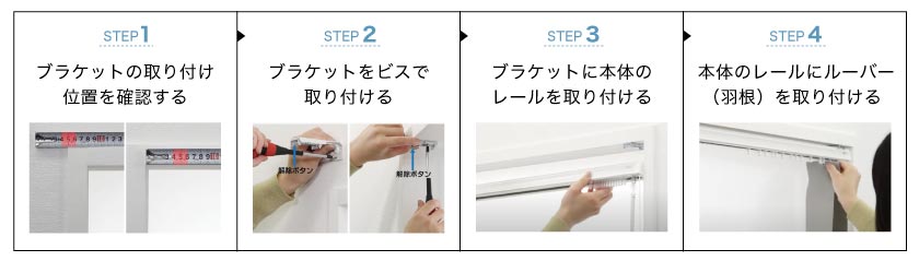 バーチカルブラインドの取り付け手順です。1、ブラケット取り付け位置を確認します。2、ブラケットを取り付けます。3、本体レールを取り付けます。4、羽根を取り付けます。