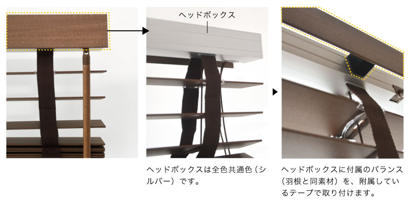 小窓用ウッドブラインドのヘッドボックスのバランス取付方法です。