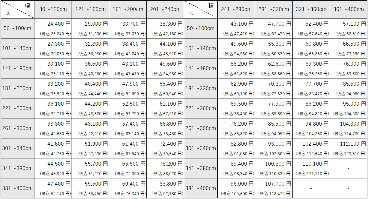 バーチカルブラインド、コード&バトン操作の価格表