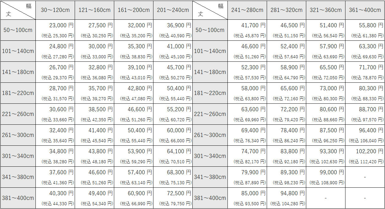 バーチカルブラインド、コード&バトン操作の価格表