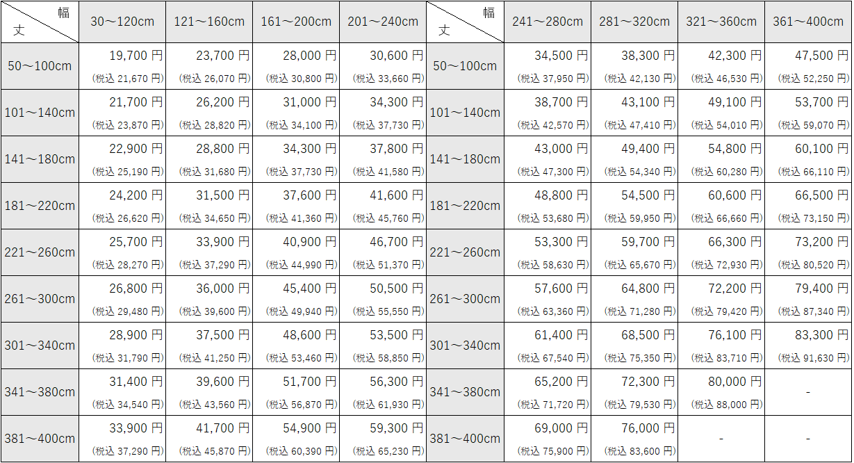 バーチカルブラインド、コード&バトン操作の価格表