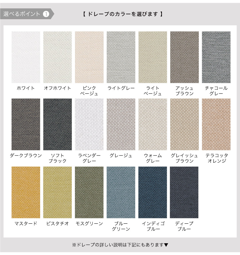 レース付きバーチカルブラインドの選べるポイント1。ドレープ側(厚地側)のカラーが選べます。