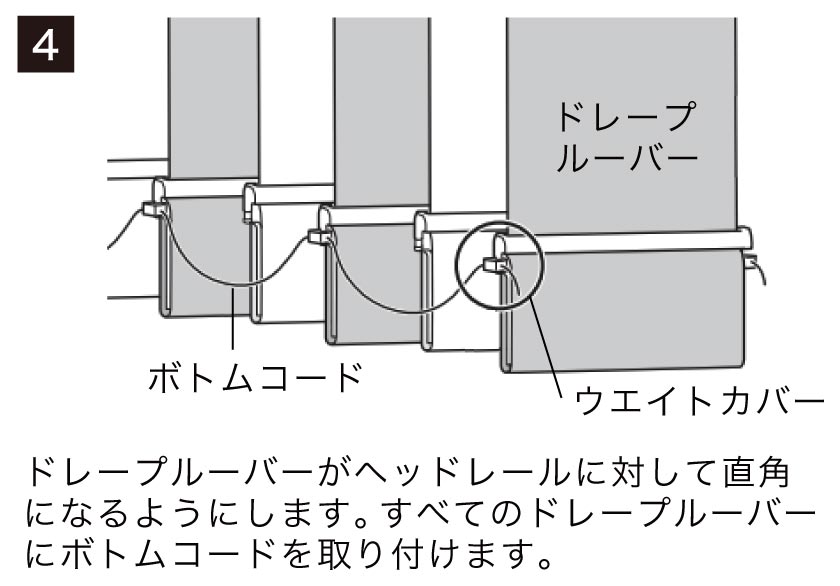 ドレープルーバーがヘッドレールに対して直角になるようにします。すべてのドレープルーバーにボトムコードを取り付けます。