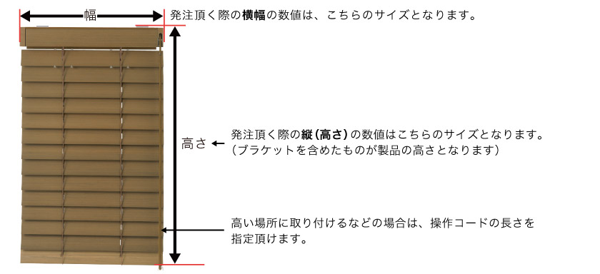 ウッドブラインドの発注サイズの説明です。横幅はメカのサイズ、高さはブラケットを含むサイズとなります。高窓に付ける場合は操作コードの長さも選べます。