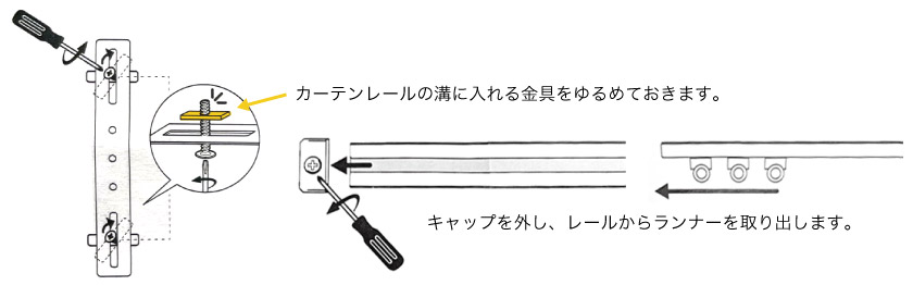 シングルのカーテンレールに、バーチカルバーチカルをカーテンレール付けする方法。専用のカーテンレール取付可能を入れ込む為にレールのキャップとランナーを外します。