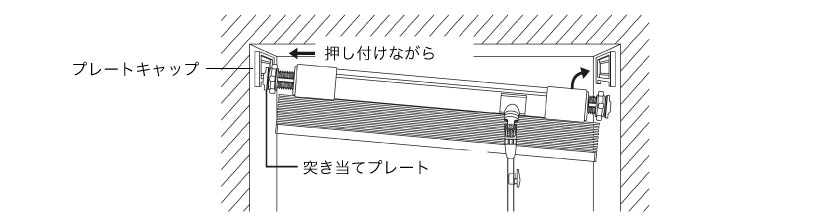 つっぱり式アルミブラインドの本体の取り付け方法です。プレートキャップに押し付けながらはめ込みます。
