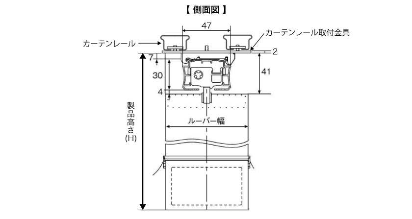 バーチカルブラインドのカーテンレール取り付けのブラケット数とサイズ、本体の側面図サイズです。