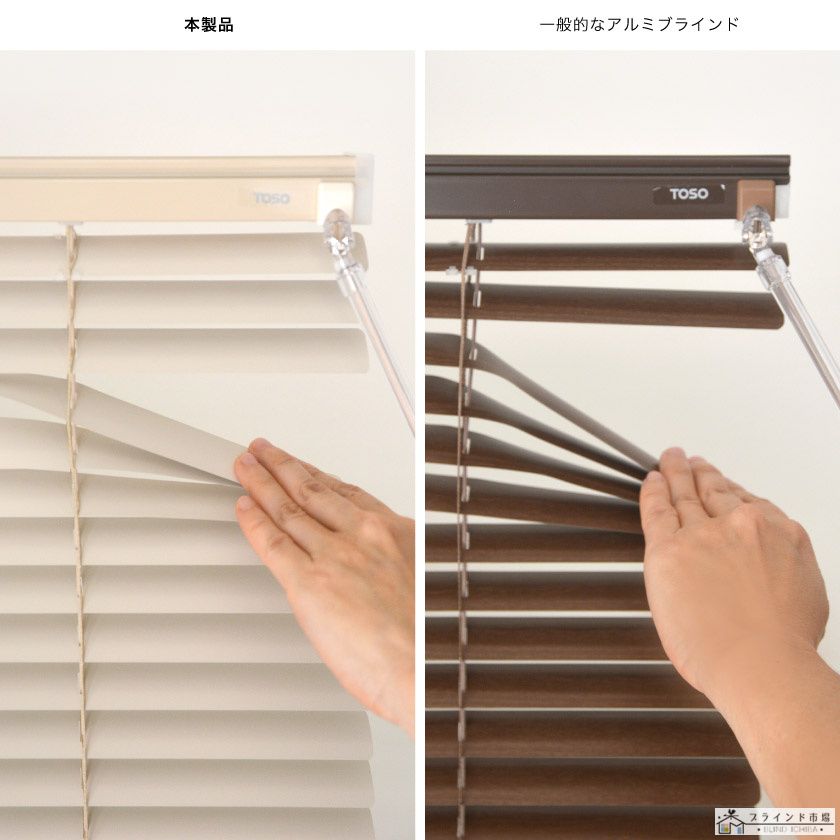 風で動くのを抑える本製品と、通常のアルミブラインドの比較です。
