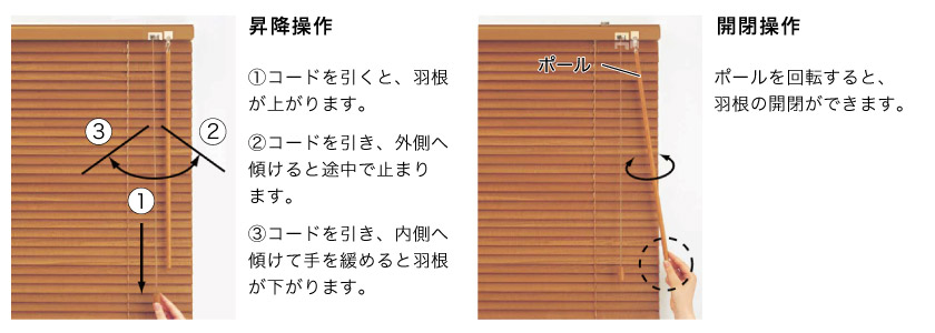突っ張りタイプウッドブラインド(木製ブラインド)の操作方法です。コードで昇降、ポールで開閉をします。