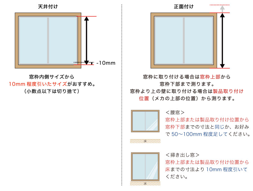 オーダーアルミブラインドの高さの採寸方法です。天井付けは窓枠内側から-1cmします。正面付けは製品取り付け位置から測ります。腰窓の場合はお好みでプラスし、吐き出し窓の場合は床まで測り-1cmしてください。