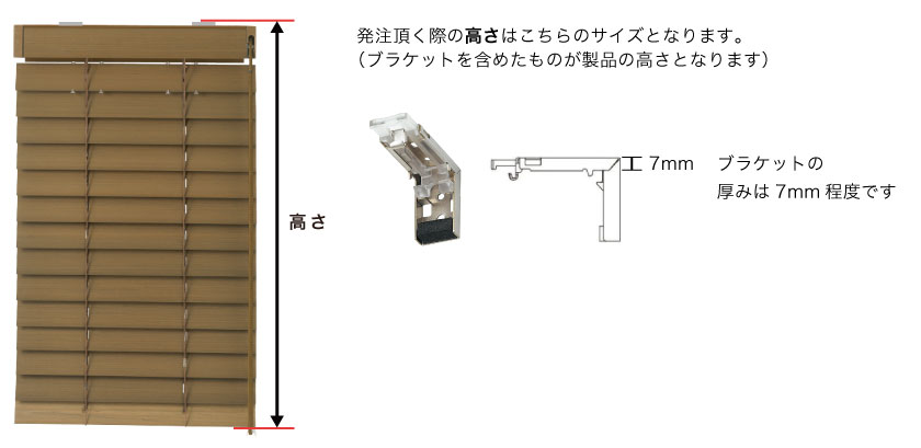 オーダーウッドブラインドのご注文の高さは、取り付け金具の上からブラインドの下までです。ブラケットの厚みサイズは7mmです。