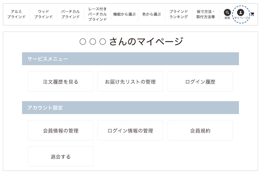 ブラインド市場で会員登録をすると、メニューのマイページアイコンからログインができます。マイページでは、注文履歴やお届け先リストの管理ができます。