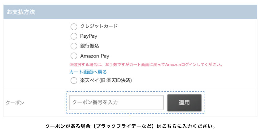 ブラインド市場の支払い方法はクレジットカード・amazon pay・楽天pay・PayPay・銀行振込が選べます。