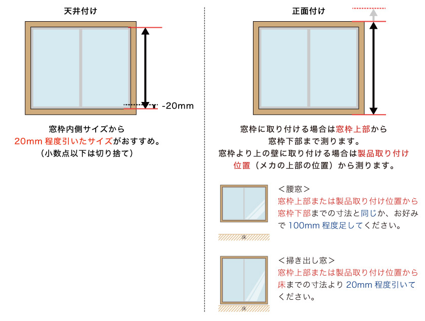 オーダーバーチカルブラインドの高さの採寸方法です。高さは、正面付けと天井付けで測り方が異なります。