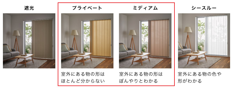バーチカルブラインド透け方比較（透過度）　程よい透け感のミディアム